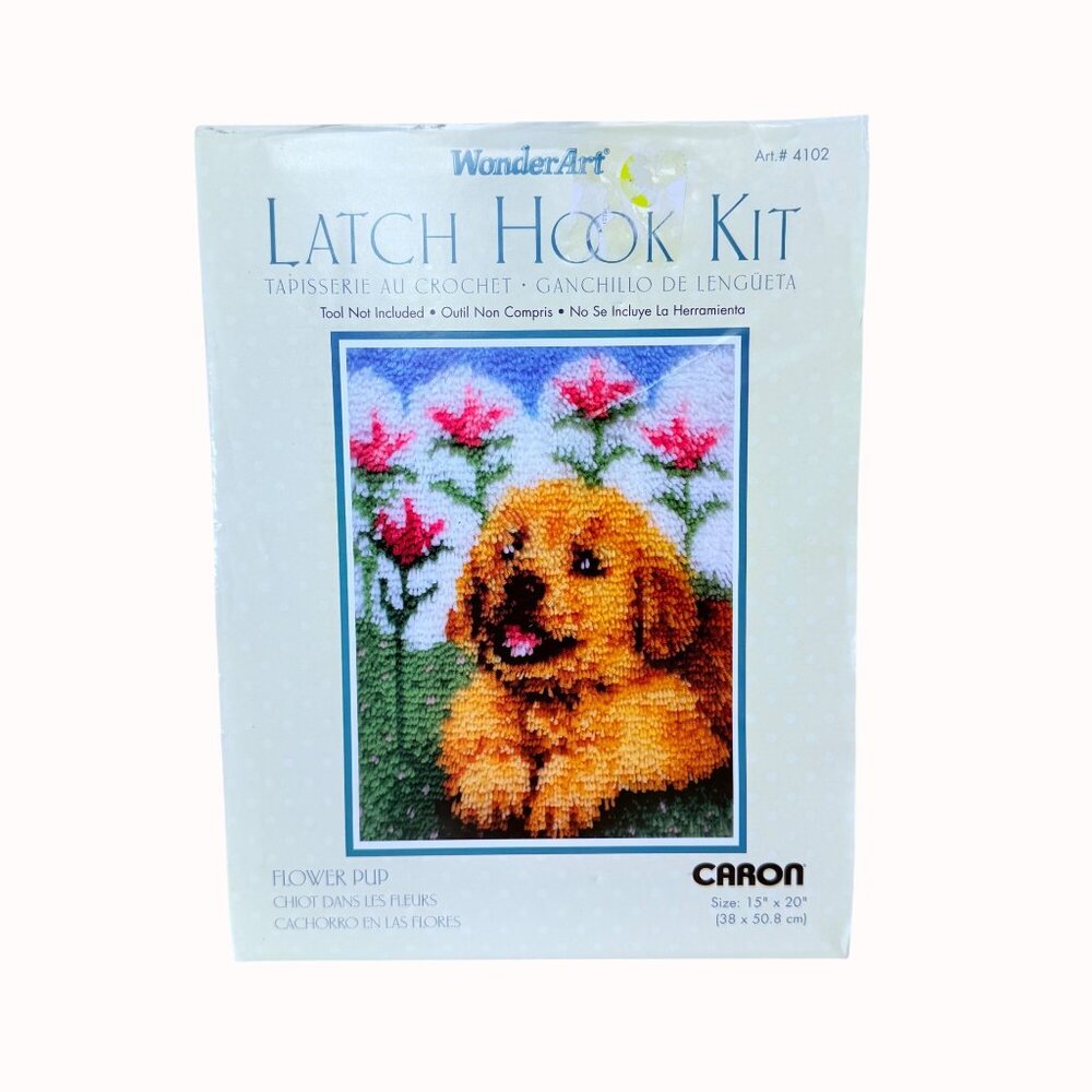 Latch Hook Golden Retriever Kit DIY Craft Puppy Dog Caron WonderArt Flower Pup